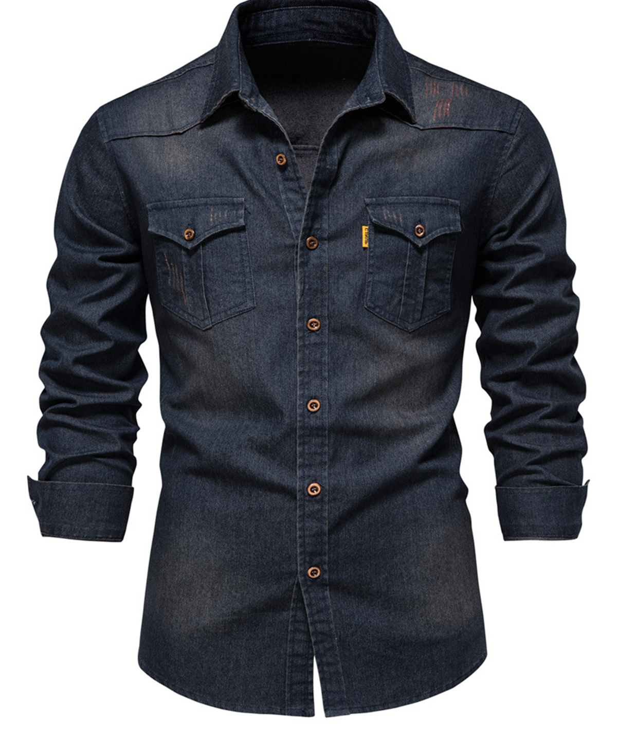 Cămașă Casual Vintage din Bumbac cu Mâneci Lungi și Buzunar din Denim pentru Bărbați