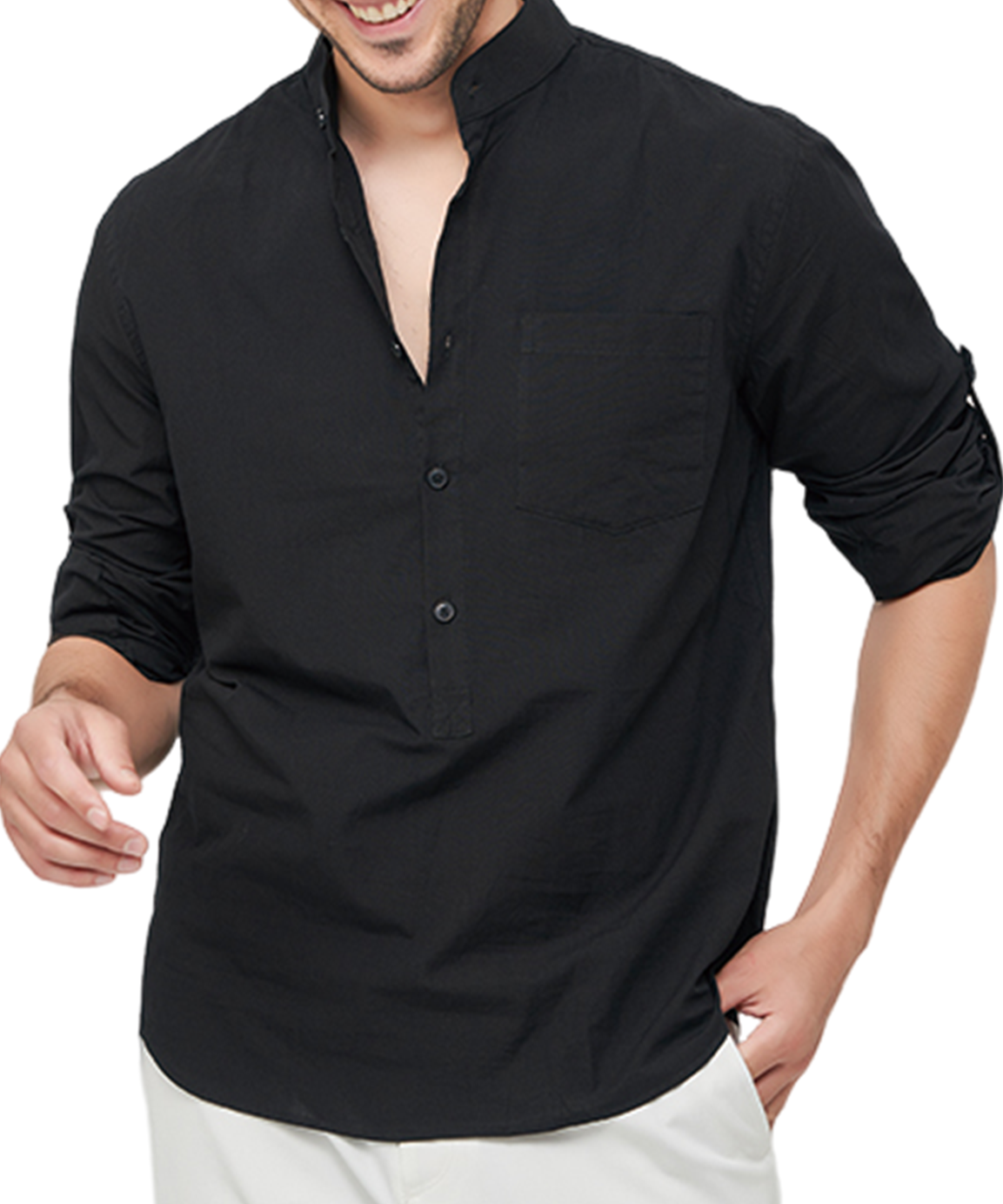 Cămașă Casual din Bumbac cu Mâneci Lungi și Guler Henley Uni pentru Bărbați