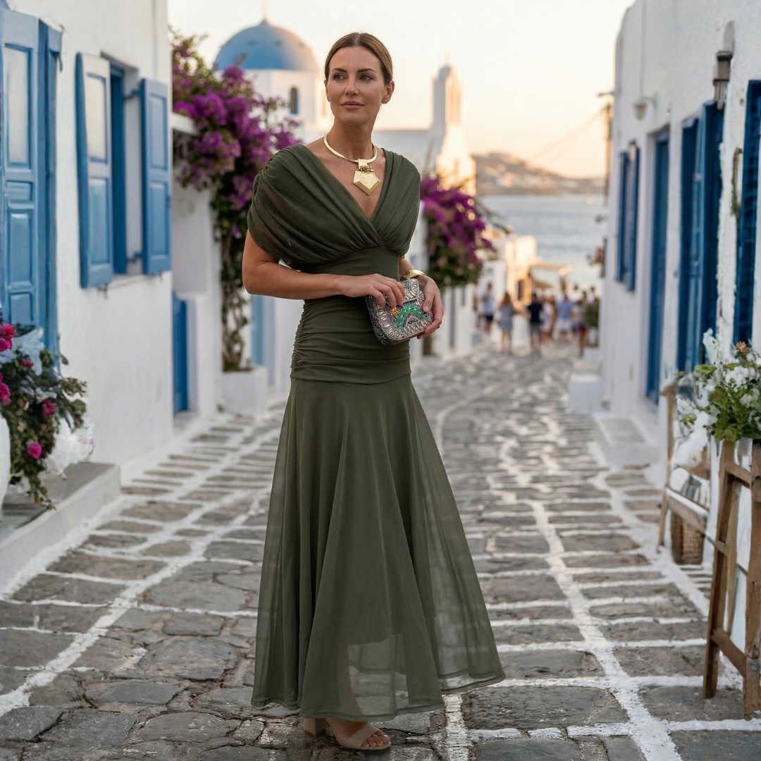 Xenia - Rochie Lungă Elegantă cu Decolteu în V