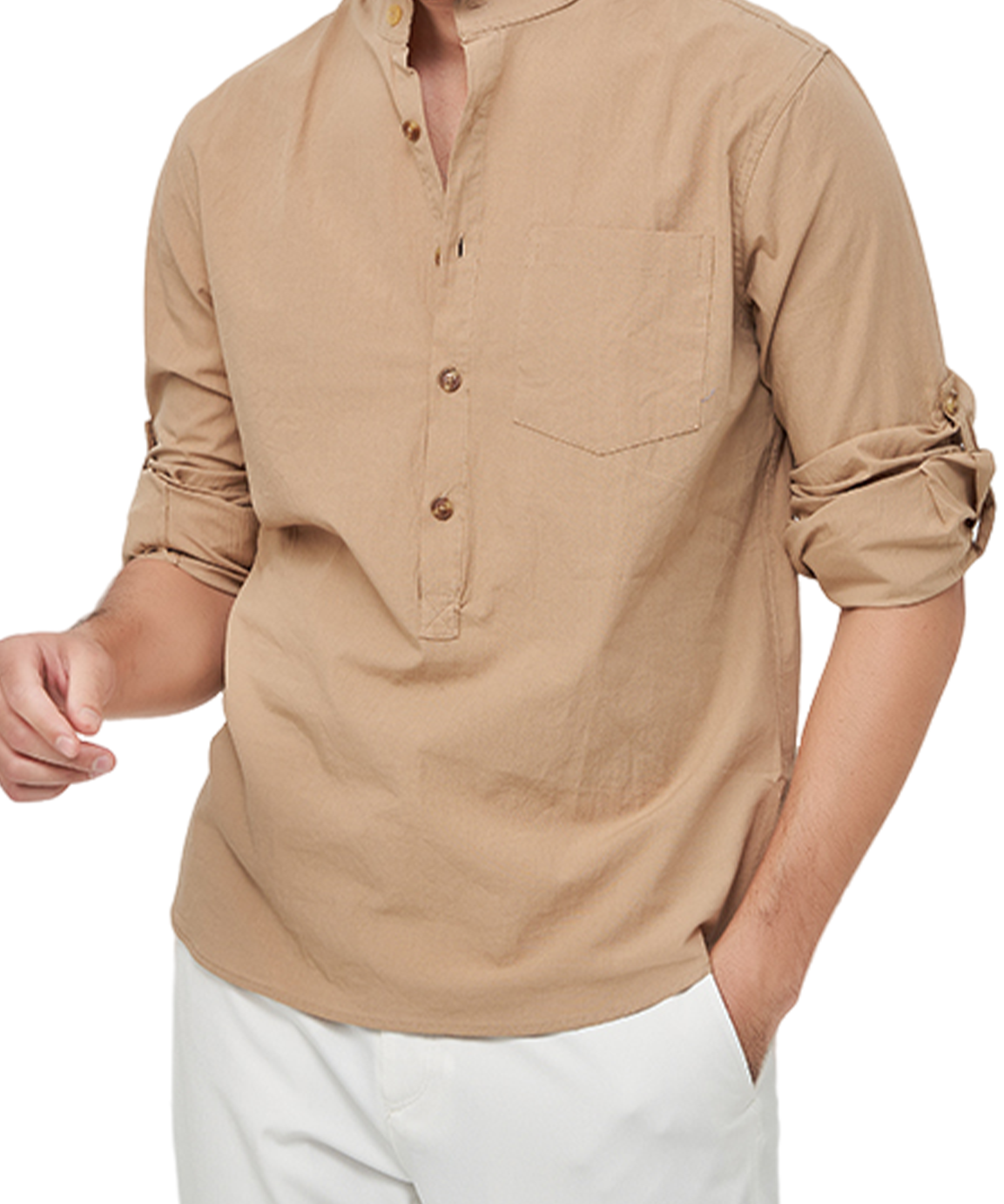 Cămașă Henley cu Mâneci Lungi pentru Bărbați, Uni, Casual, din Bumbac, cu Buzunare