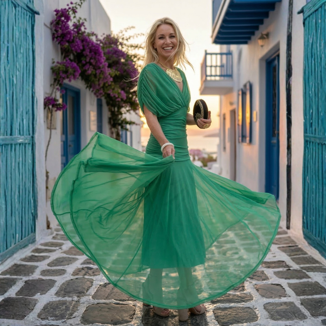 Xenia - Rochie Lungă Elegantă cu Decolteu în V