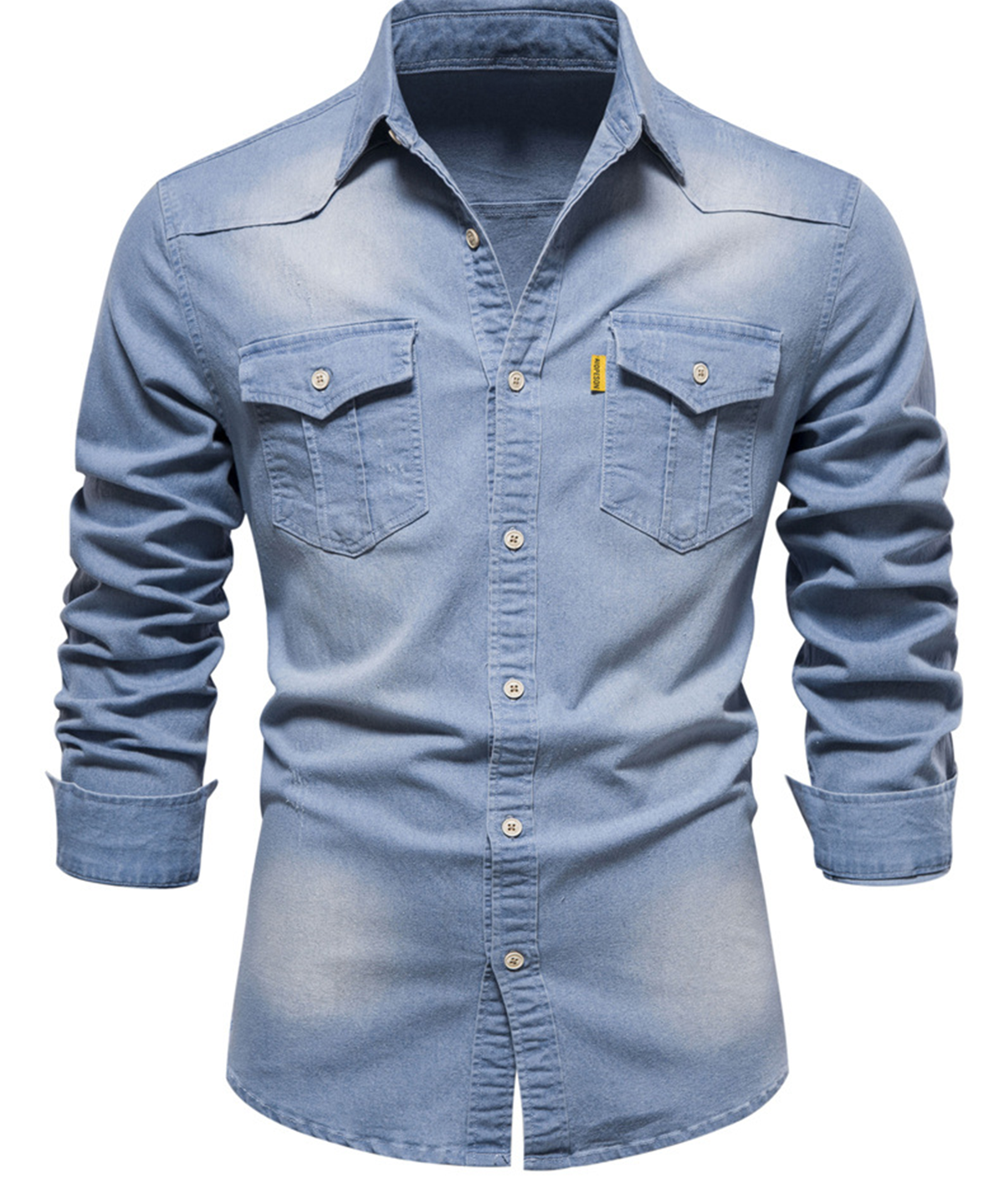 Cămașă Casual Vintage din Bumbac cu Mâneci Lungi și Buzunar din Denim pentru Bărbați