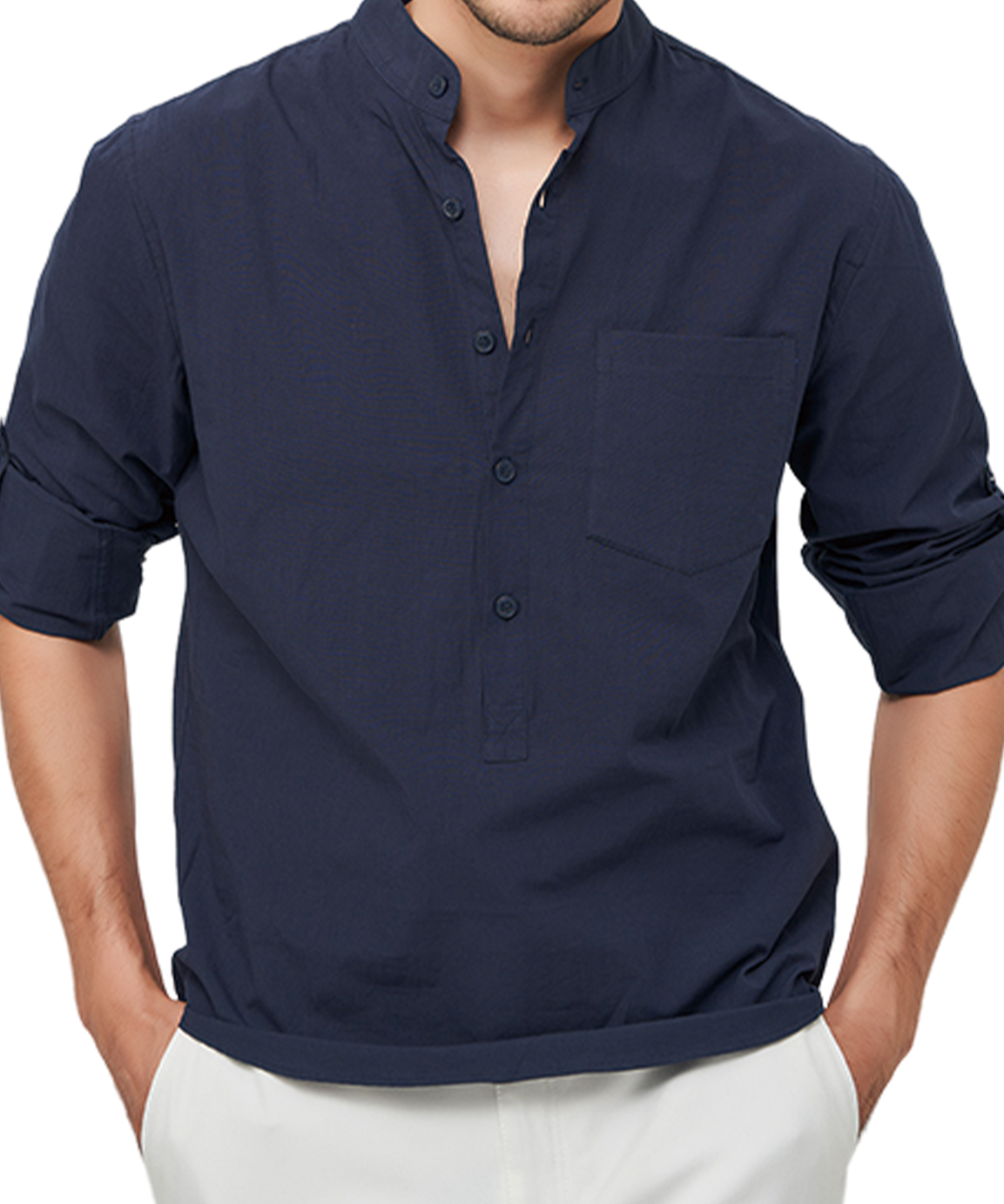 Cămașă Henley cu Mâneci Lungi pentru Bărbați, Uni, Casual, din Bumbac, cu Buzunare