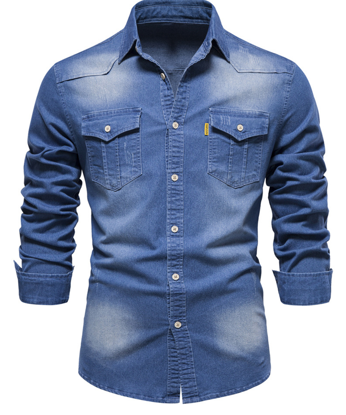 Cămașă Casual Vintage din Bumbac cu Mâneci Lungi și Buzunar din Denim pentru Bărbați