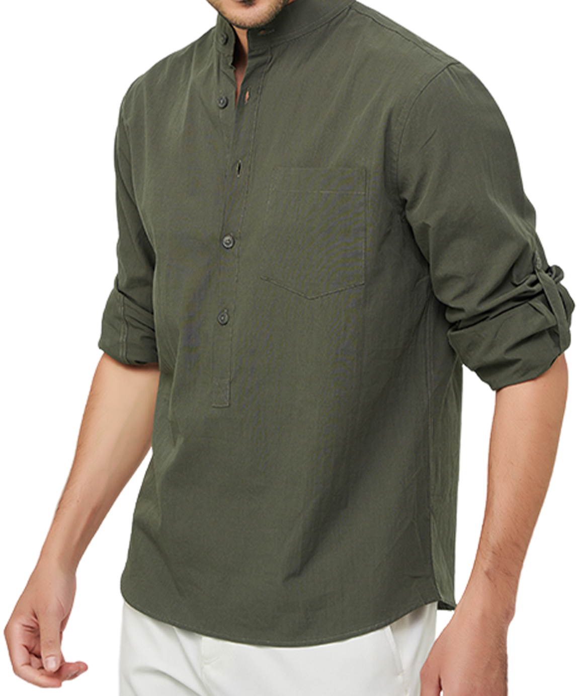 Cămașă Henley cu Mâneci Lungi pentru Bărbați, Uni, Casual, din Bumbac, cu Buzunare