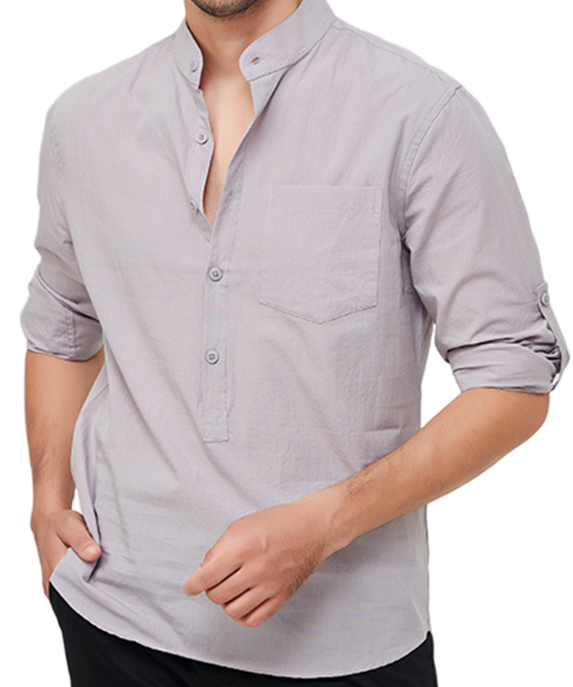 Cămașă Casual cu Mâneci Lungi și Guler Henley din Bumbac pentru Bărbați, Uni, cu Buzunare