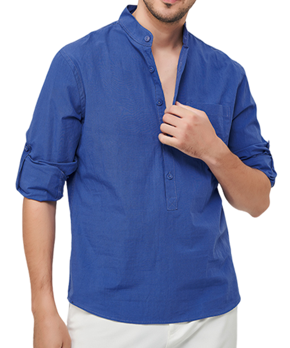 Cămașă Casual cu Mâneci Lungi și Guler Henley din Bumbac pentru Bărbați, Uni, cu Buzunare