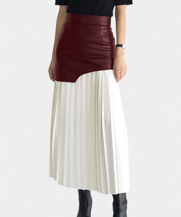 Fustă maxi asimetrică din chiffon și piele sintetică