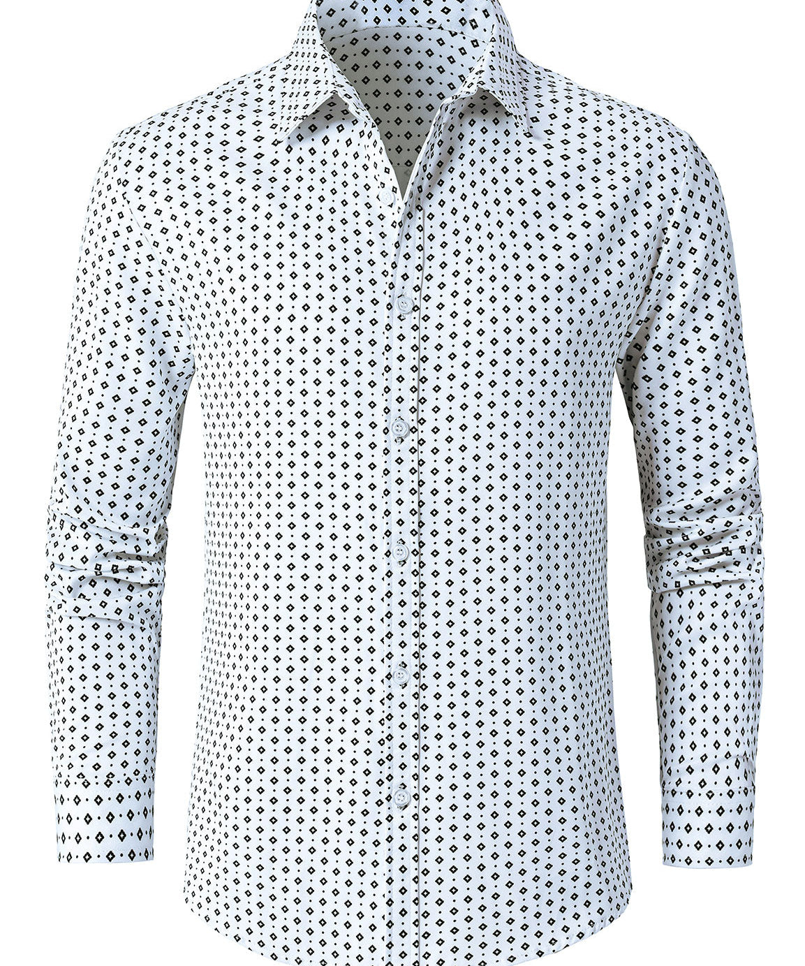 Cămașă Albă cu Mâneci Lungi și Imprimeu Geometric Retro pentru Bărbați