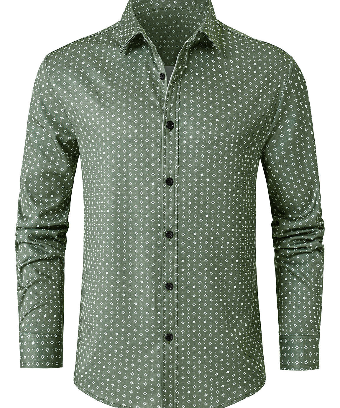 Cămașă Verde cu Mâneci Lungi și Model Geometric Retro pentru Bărbați