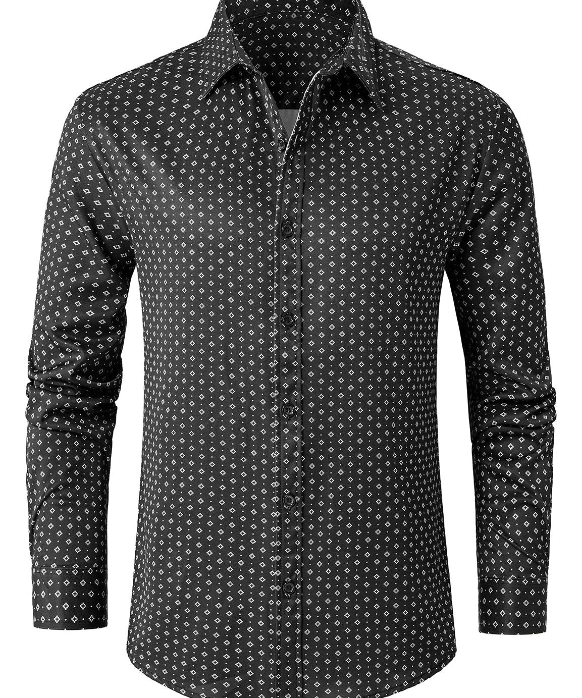 Cămașă Neagră cu Mâneci Lungi și Model Geometric Retro pentru Bărbați