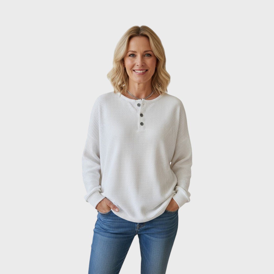 Helle | Pulover Tricotat cu Model Waffle și Nasturi Decorativi